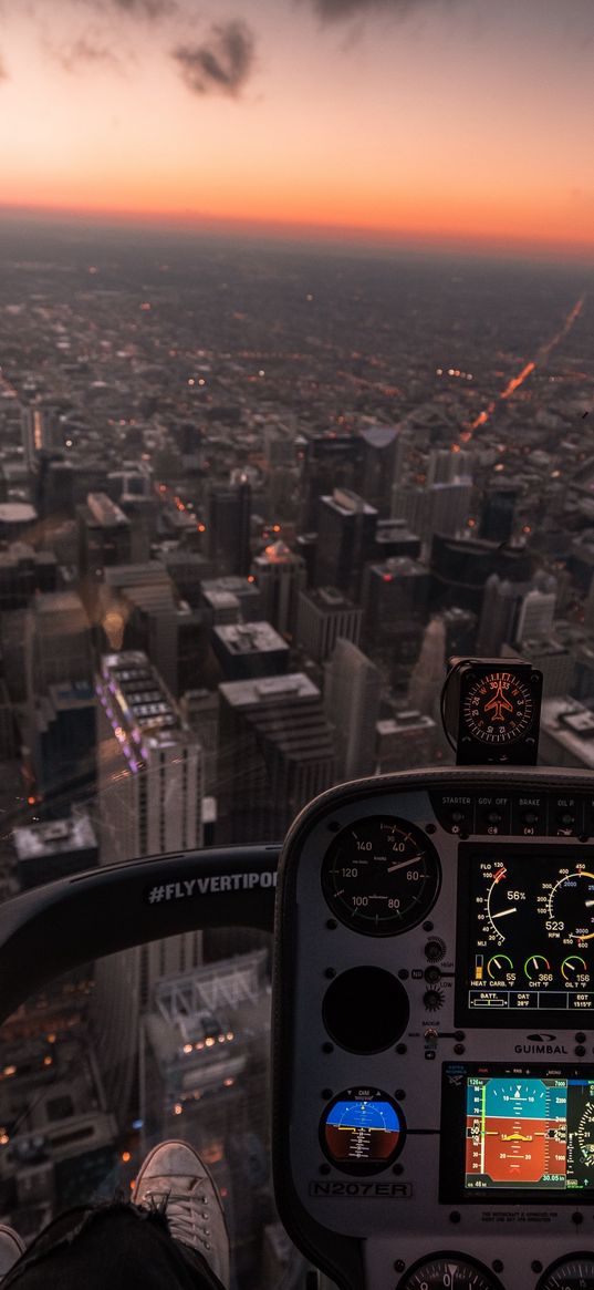 sky, plane, city, height, flight, view