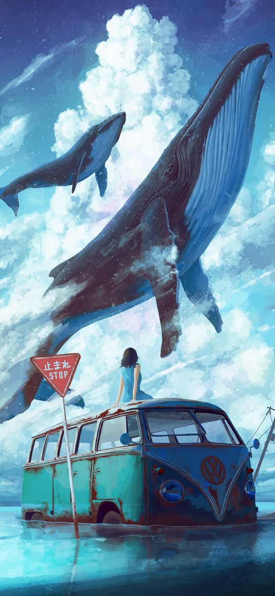 anime, girl, van, whales, art