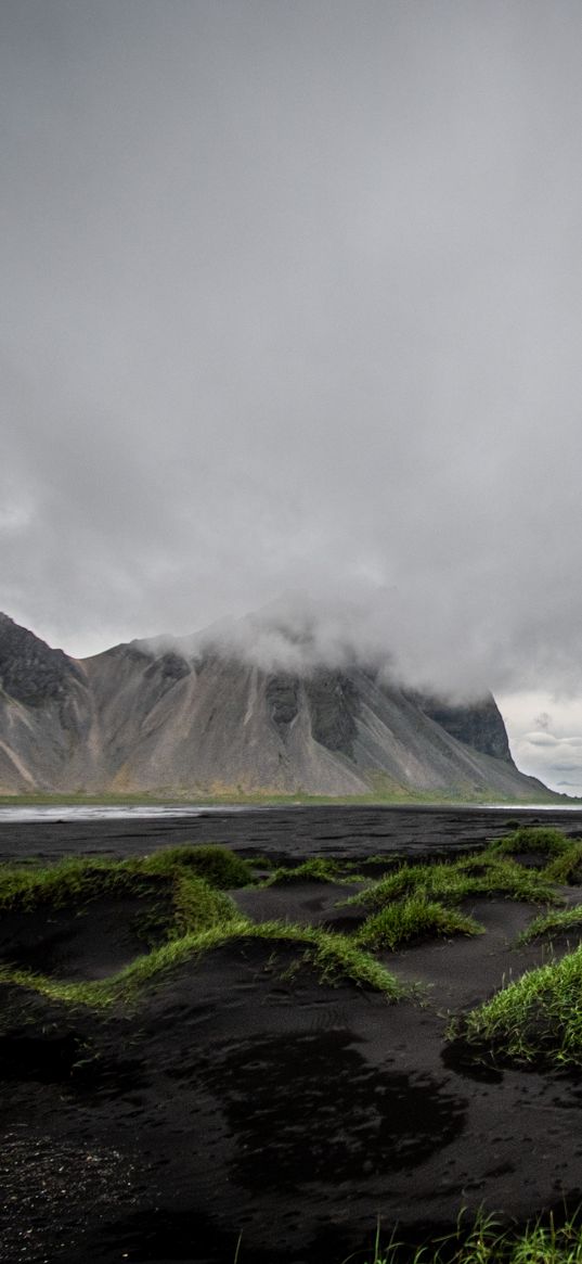 mountains, clouds, grass, landscape, iceland