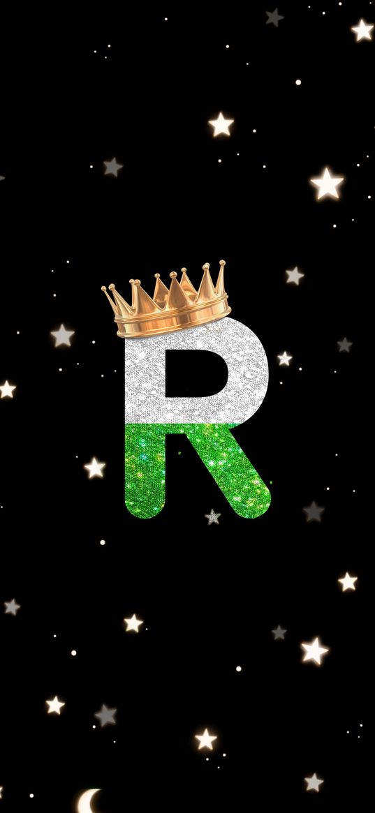 r, letter, crown, glitter, stars, art