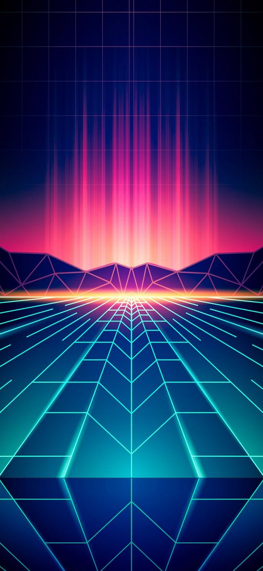 geometry, abstraction, mountains, dawn, field, neon, art