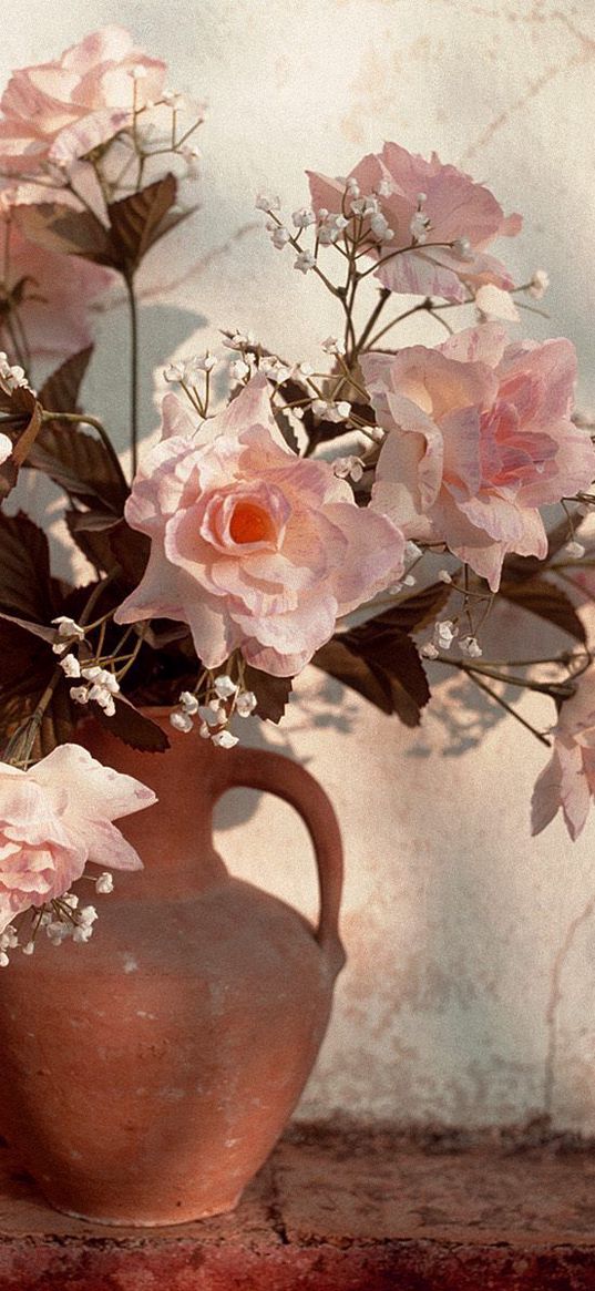 roses, flowers, bouquet, gypsophila, pitcher, wall