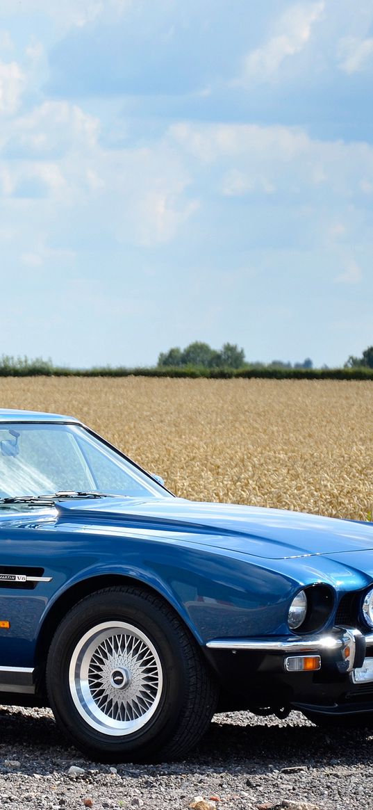 aston martin, v8, saloon, 1972, blue, side view, cars, sky