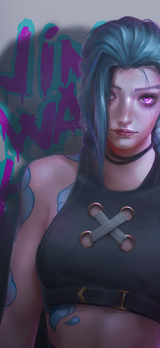 jinx, league of legends, arcane, anime, girl, game, tattoo