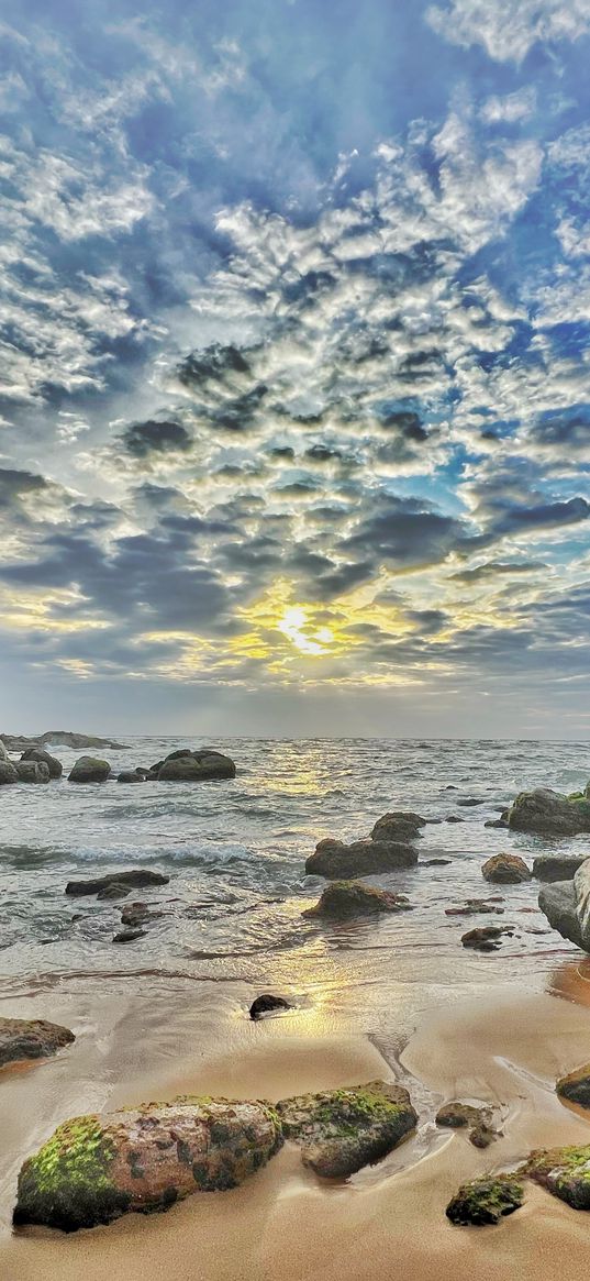 sea, stones, rocks, beach, hotel, clouds, sky, nature