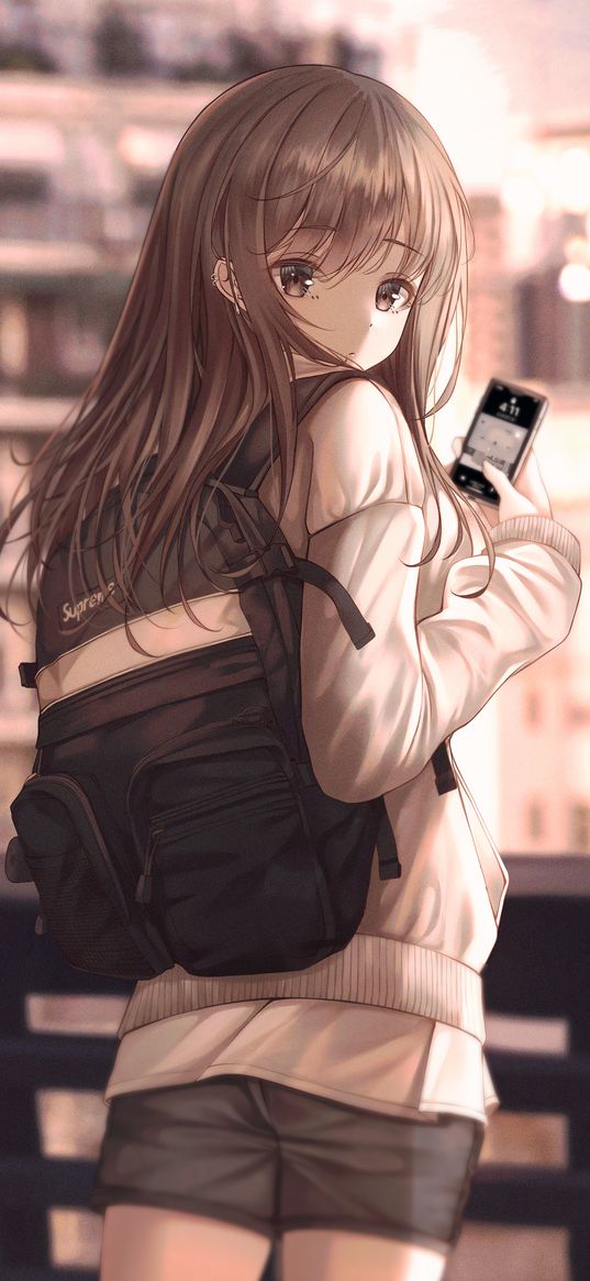 girl, backpack, smartphone, beautiful, cute, anime, art