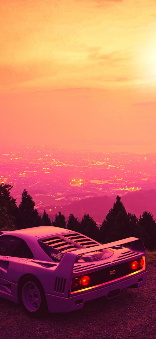 ferrari testarossa, ferrari, sports car, car, trees, top, city, lights, sunset, pink