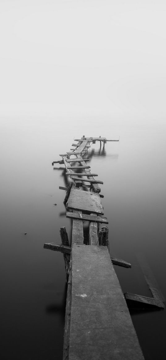 pier, bridge, planks, lake, water, black and white