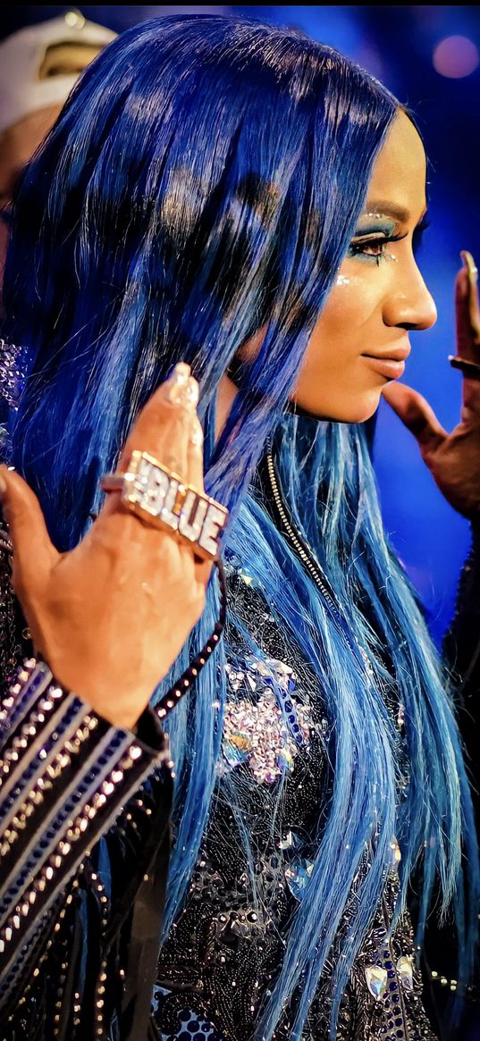 sasha banks, wrestler, actress, girl, blue hair, fashionable, beautiful