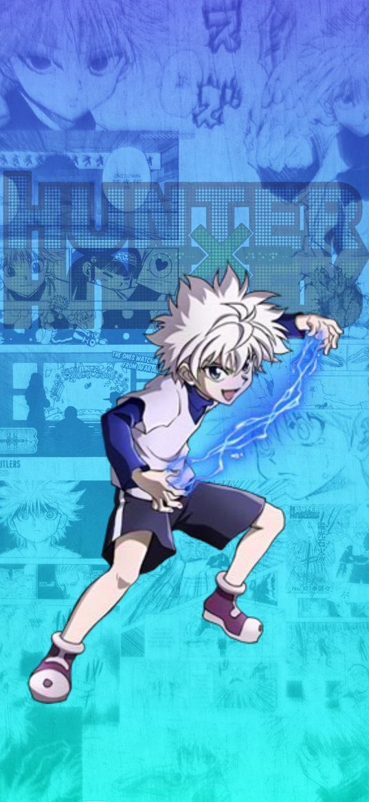 killua zoldyck, hunter x hunter, anime, guy, white hair, lightning, magic, manga, collage, blue, art