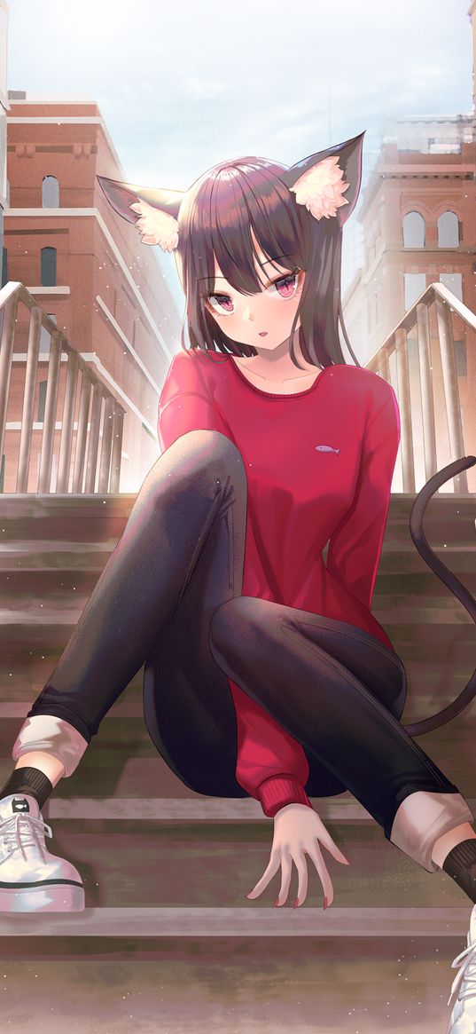 neko, girl, ears, tail, ladder, beautiful, street, city, anime, art