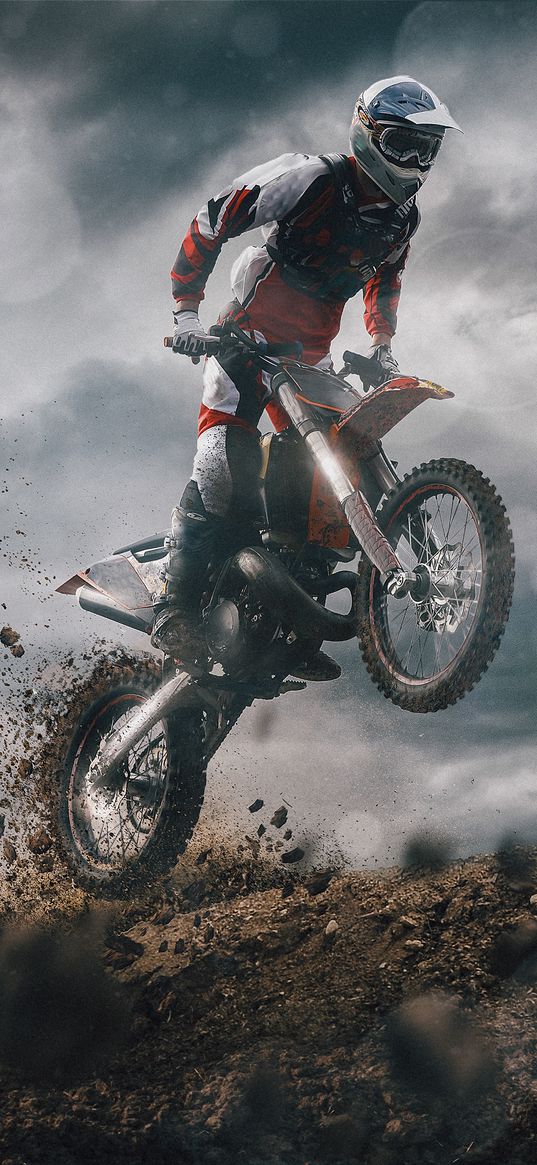 motorcycle, bike, biker, jump, rocks, dirt, extreme, motorsport