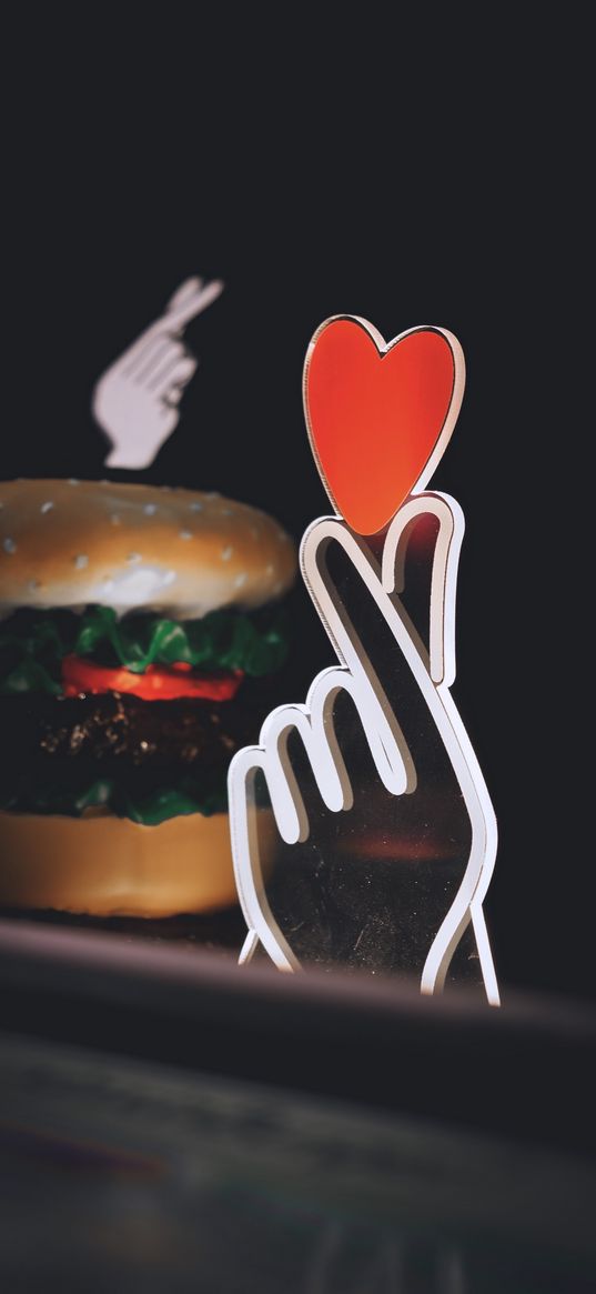 heart, hand, white, red, burger, food, reflection, neon