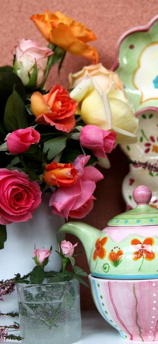 roses, flowers, bouquet, vase, tableware