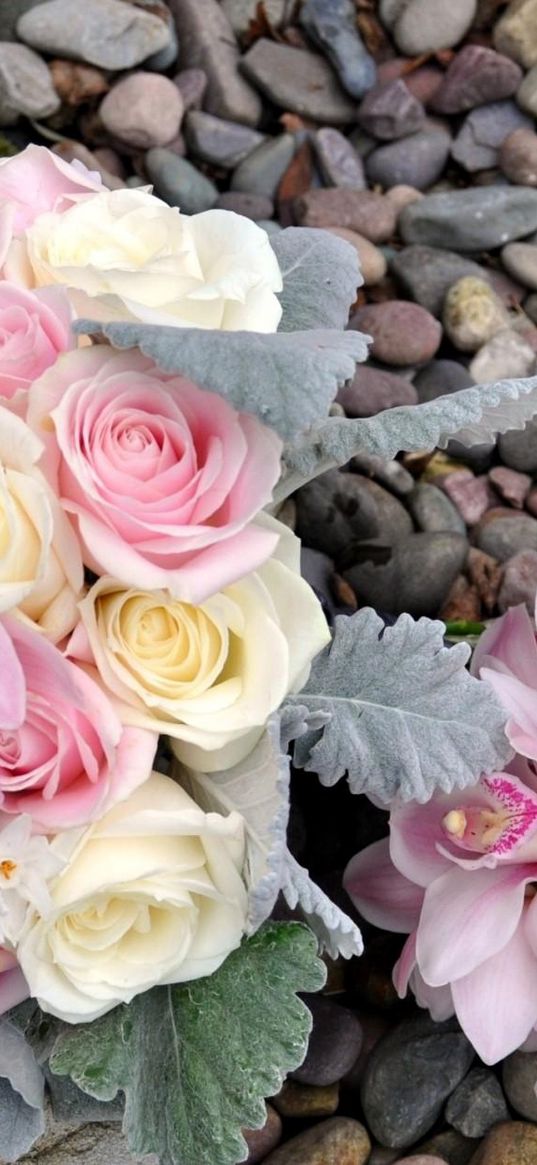 roses, flowers, bouquet, brooch, pebbles