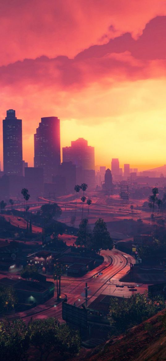 gta, game, skyscrapers, houses, street, hill, sunset, evening, city