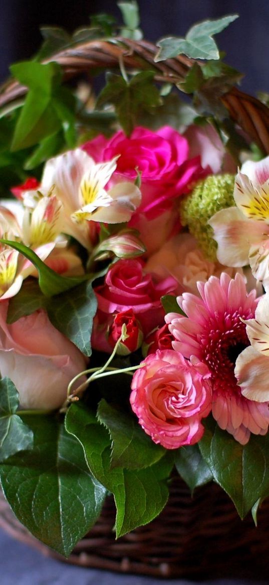 rose, gerbera, alstroemeria, flowers, herbs, basket, composition