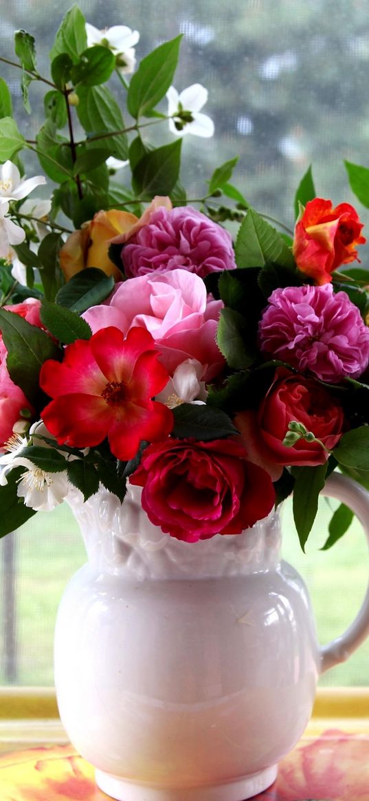 rose, jasmine, bouquet, pitcher, tray, box, branches