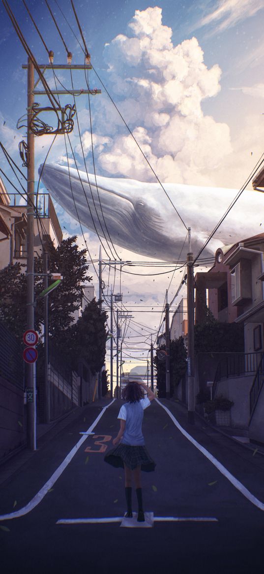 anime, girl, street, whale, art