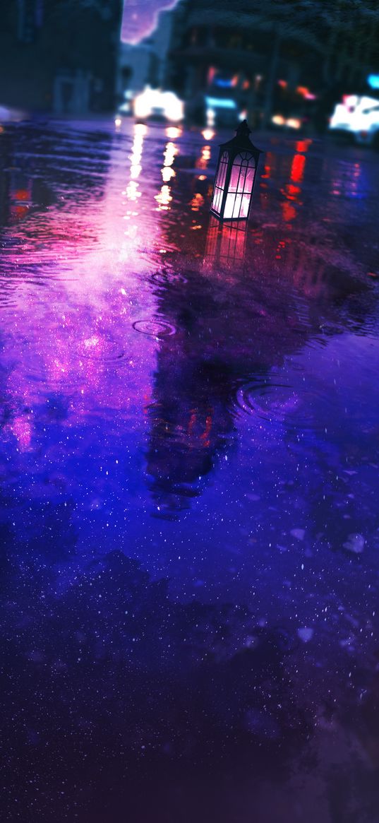 anime, art, night, lantern, puddle, reflection