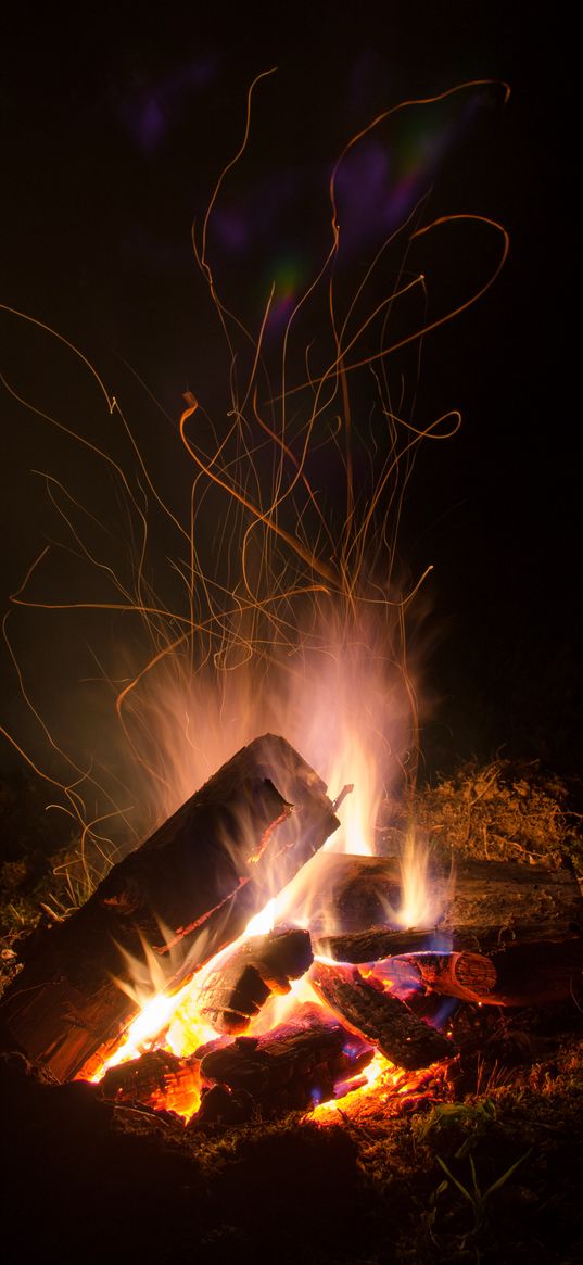 bonfire, fire, logs, flame, darkness