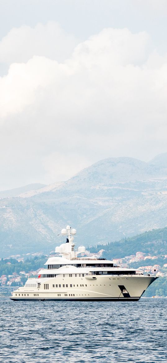 yacht, ship, sea, mountains, houses