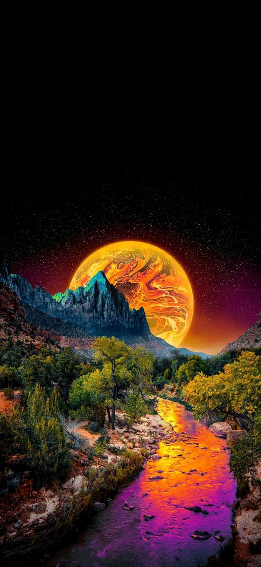 mountains, river, forest, planet, art