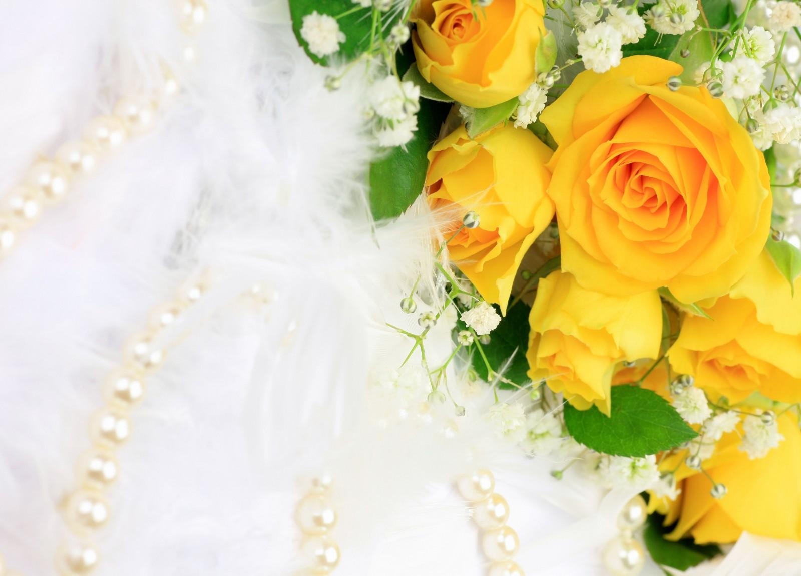 roses, flowers, flower, yellow, gypsophila, pearls, jewelry