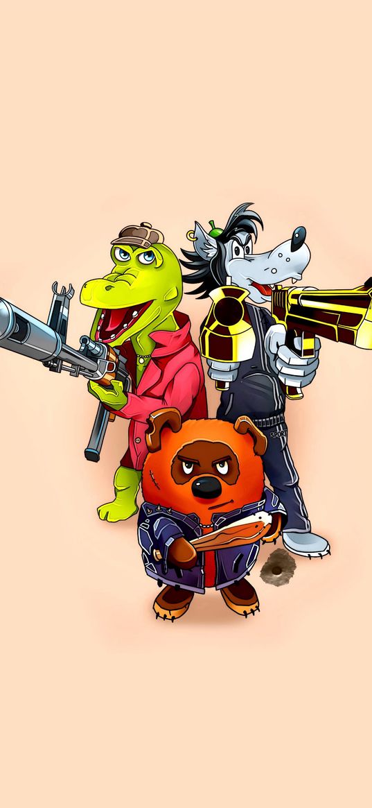 winnie the pooh, crocodile gena, wolf, soviet cartoons, gangsters, bandits, animals, weapons, art