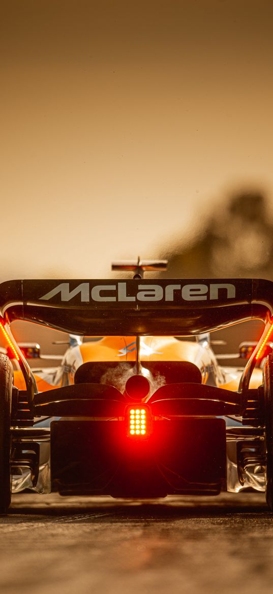 mclaren, formula one, sports car, track, red headlight, sunset