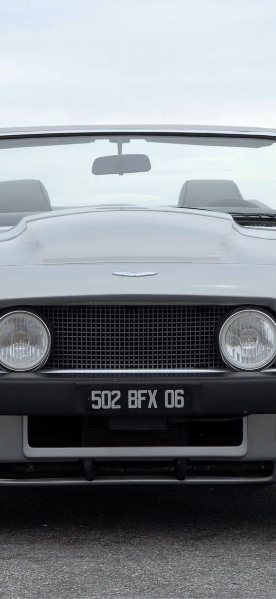 aston martin, v8, volante, 1977, gray, front view, car, sea, cabriolet