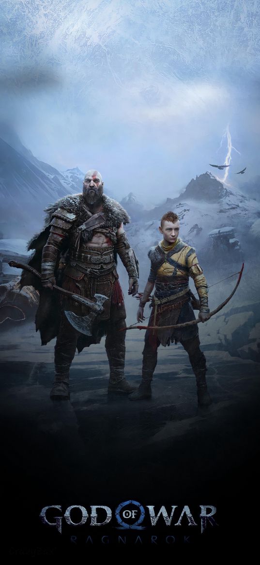 kratos, atreus, god of war, game, mountains, snow, ice, lightning, poster, art