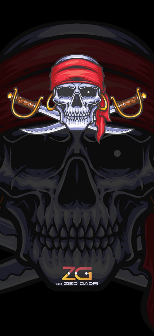 skull, bandana, swords, pirate, black background, art