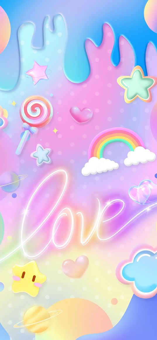 love, inscription, rainbow, stars, lollipop, art