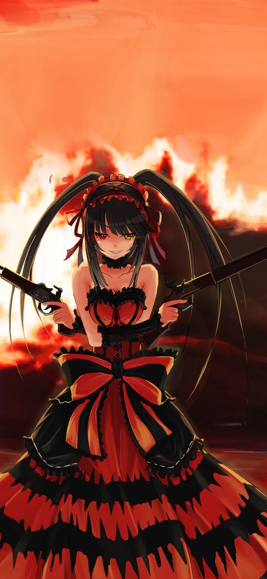 kurumi tokisaki, date a live, anime, girl, dress, weapon, fire, art