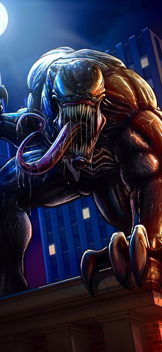 venom, marvel, character, mouth, teeth, roof, houses, city, art