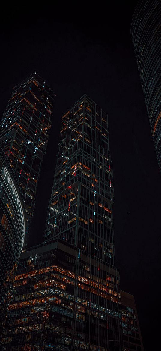 skyscrapers, buildings, moscow city, moscow, night, lights