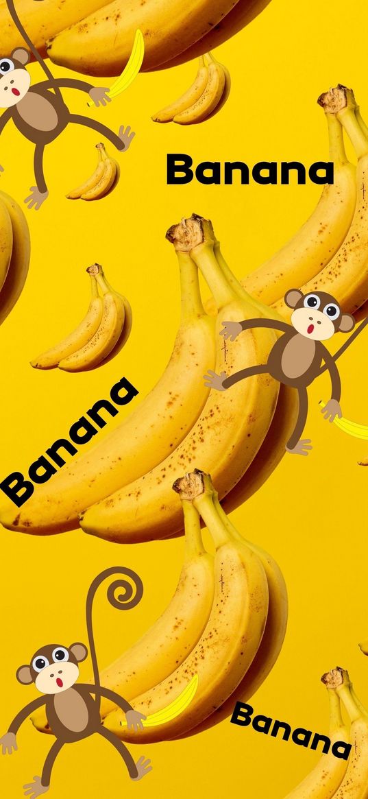 bananas, monkeys, yellow background, art