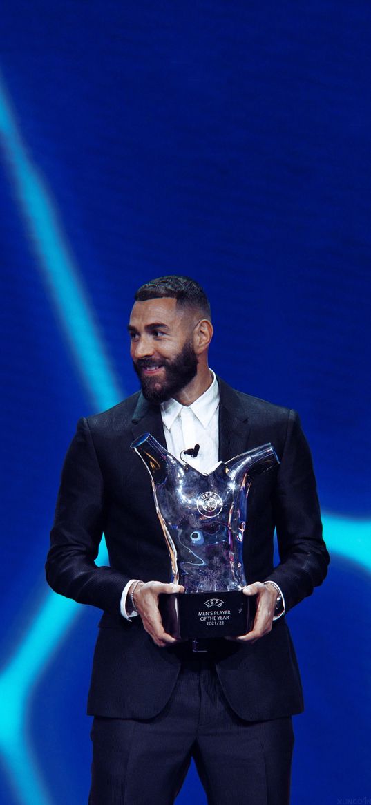 karim benzema, football player, cup, tuxedo, real madrid, blue background, football