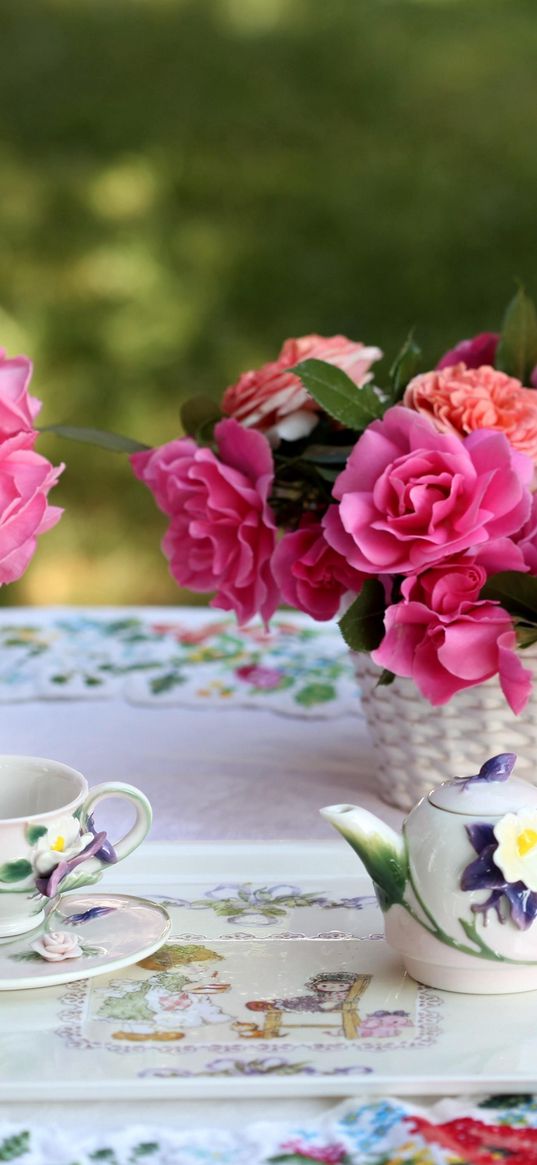 roses, flowers, bouquets, vase, basket, table, service, tablecloth, tea party