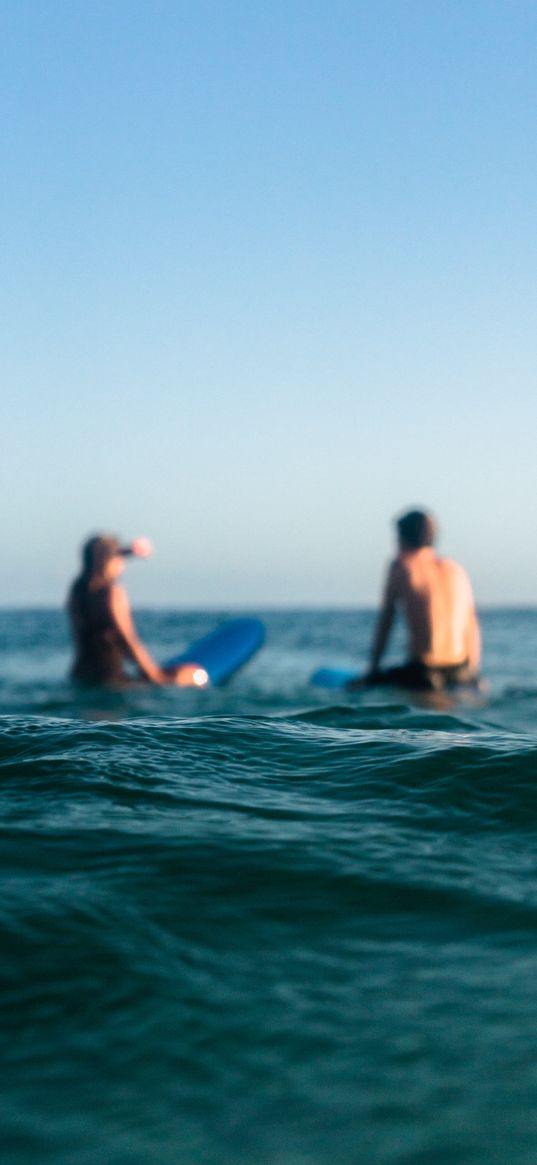 couple, people, surfing, surfers, sea, waves, horizon, blue sky