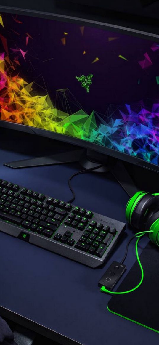 razer, computer, monitor, keyboard, headphones