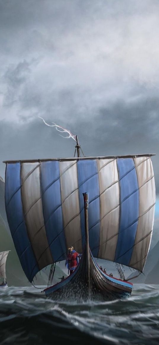 vikings, drakkar, ship, sea, thunderstorm, art