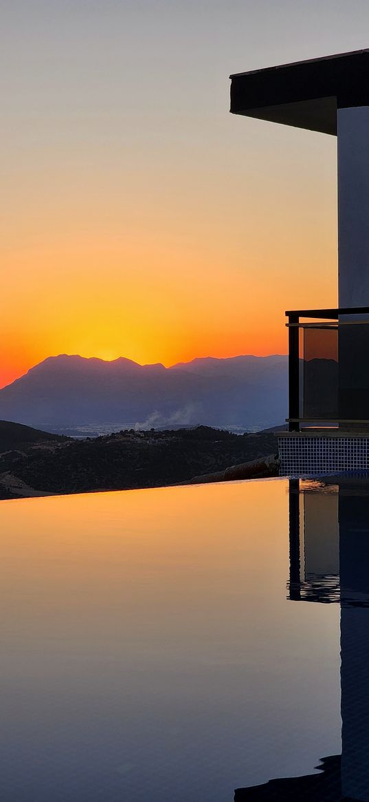 sunset, infinity edge pool, view