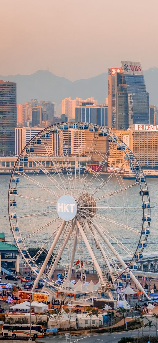 ferris wheel, water, buildings, city