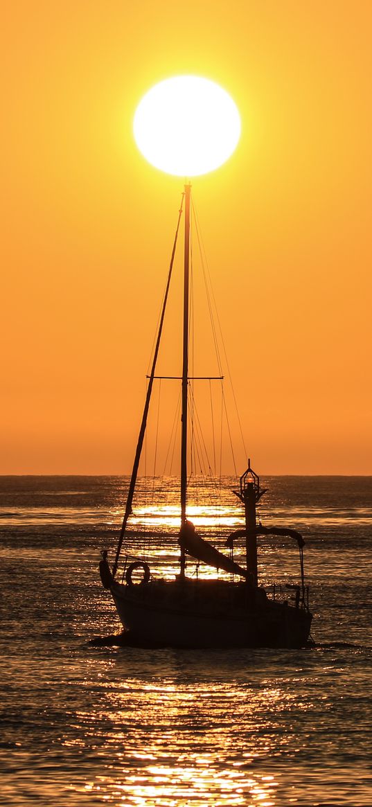 boat, mast, sea, horizon, sun, dark