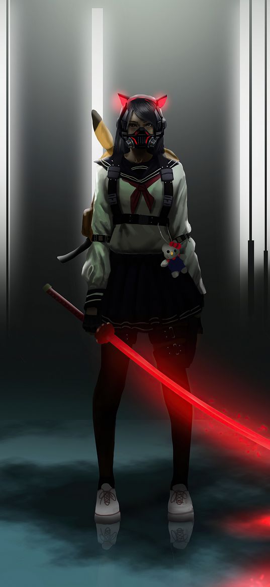 girl, anime, art, katana, red, mask, pikachu, hello kitty