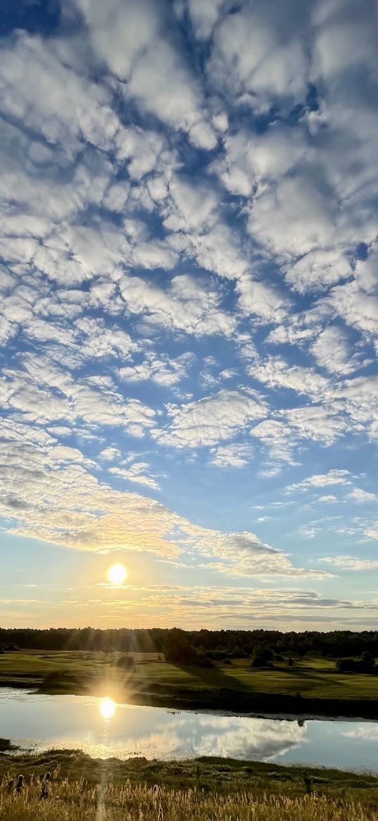 river, field, greenery, sky, clouds, nature, summer, sunset