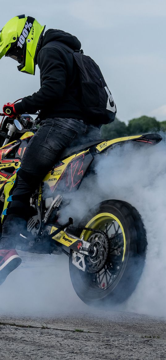 motorcycle, motorcyclist, helmet, backpack, smoke