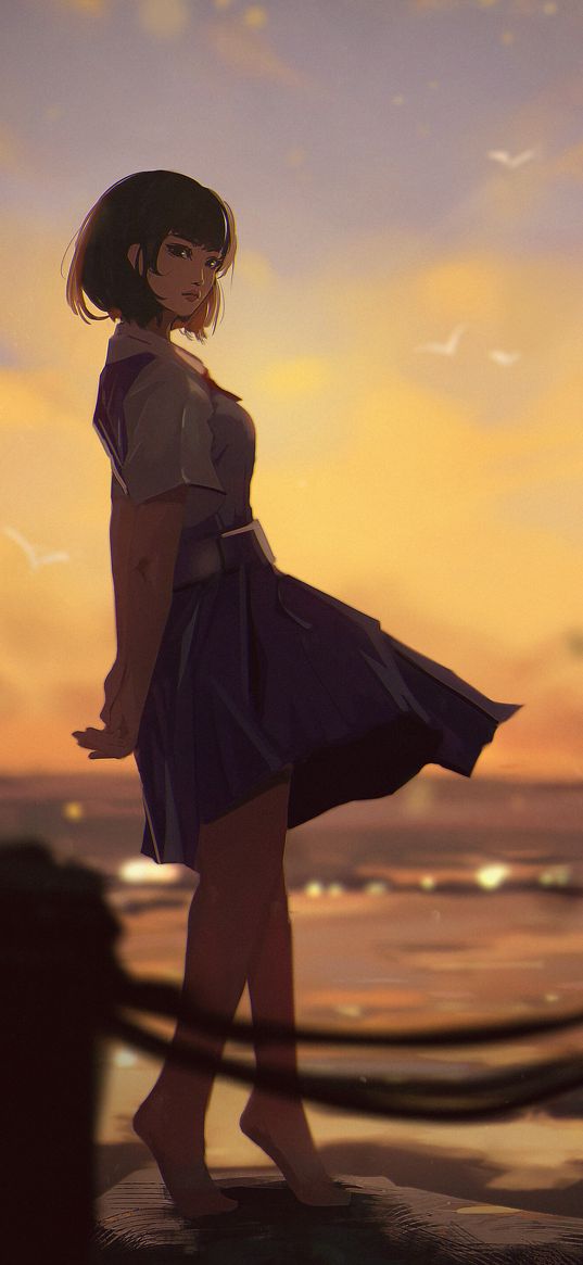 girl, anime, art, stone, sea, seagulls, sunset